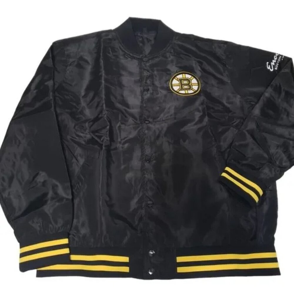 Boston Bruins Jacket Mens XL Black Polyester Snap Button Elastic Waist Logo New